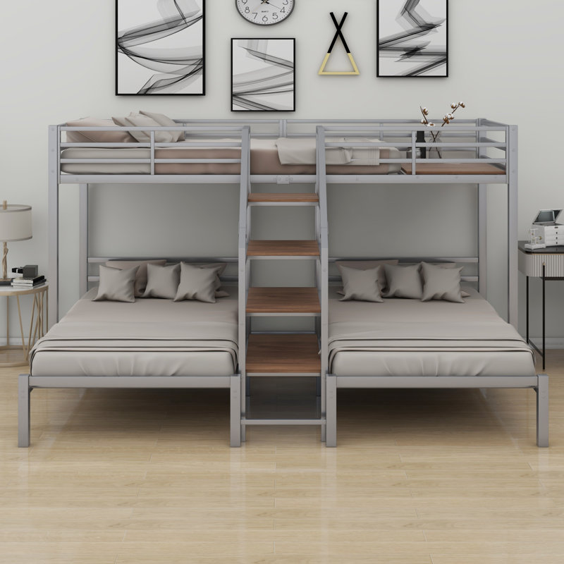 Metal Triple Bunk Bed With Storage Shelves Staircase, Silver