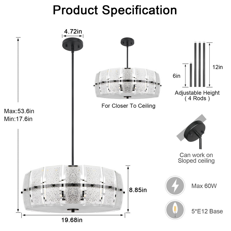Atchison 19.68" W 5-Light Dimmable Drum Semi Flush Mount Crystal Chandelier for Dining Room Bedroom Kitchen Foyer