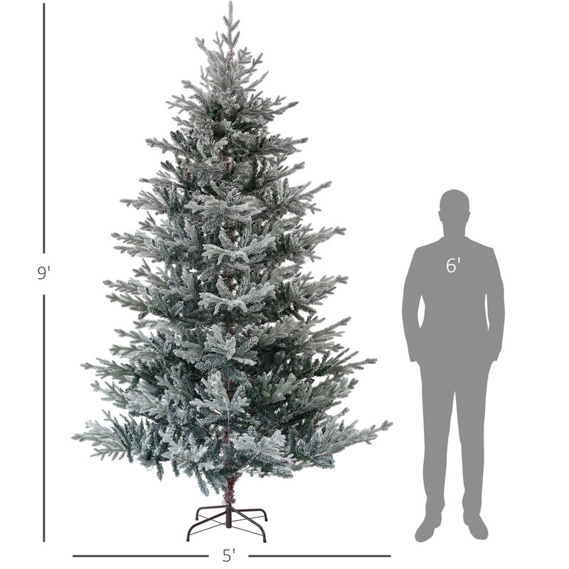 Arbre de Noël artificiel pin nordique 9 pi avec pointes enneigées, support en métal à assemblage rapide, support pliable, bureau à domicile