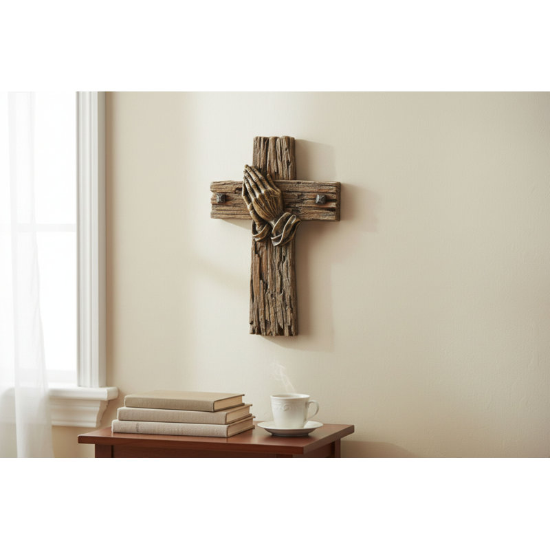 Polyresin Faux Distressed Wood with Praying Hands Hanging Wall Cross Décor