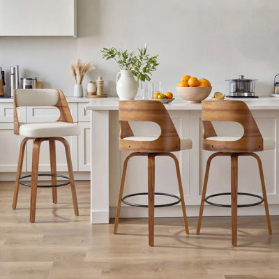 28.9" Mid-Century Upholstered Swivel Bar Stool with Curved Wooden Back and Footrest