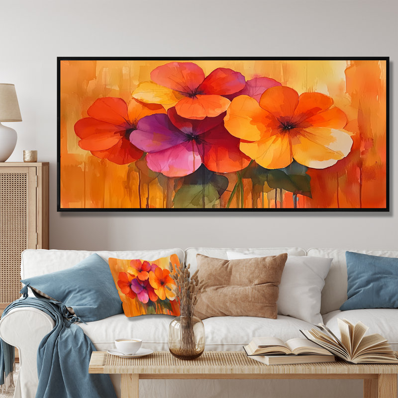 «Burnanium Geraniums In Fiery Shades Expression II» - art mural géraniums, H 28 po x l 60 po, Cadre flottant, Noir