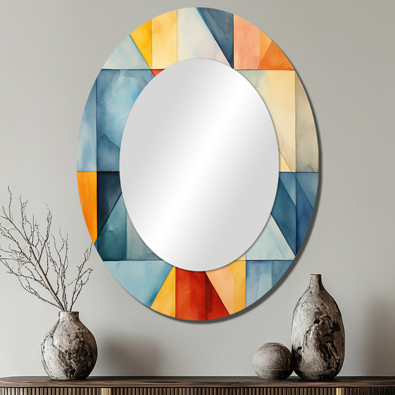Mid-Century de couleur pastel cubes III - Grand miroir mural ovale sur métal, H 40 po x l 30 po