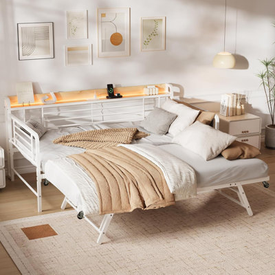 Lit de jour simple avec lit gigogne, tête de lit avec station de charge et sacs de rangement supplémentaires, canapé-lit avec supports solides pour le salon, la chambre à coucher et la chambre d'amis