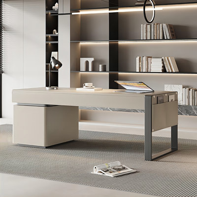 Modern Premium Off-White Saddle Leather Office Desk