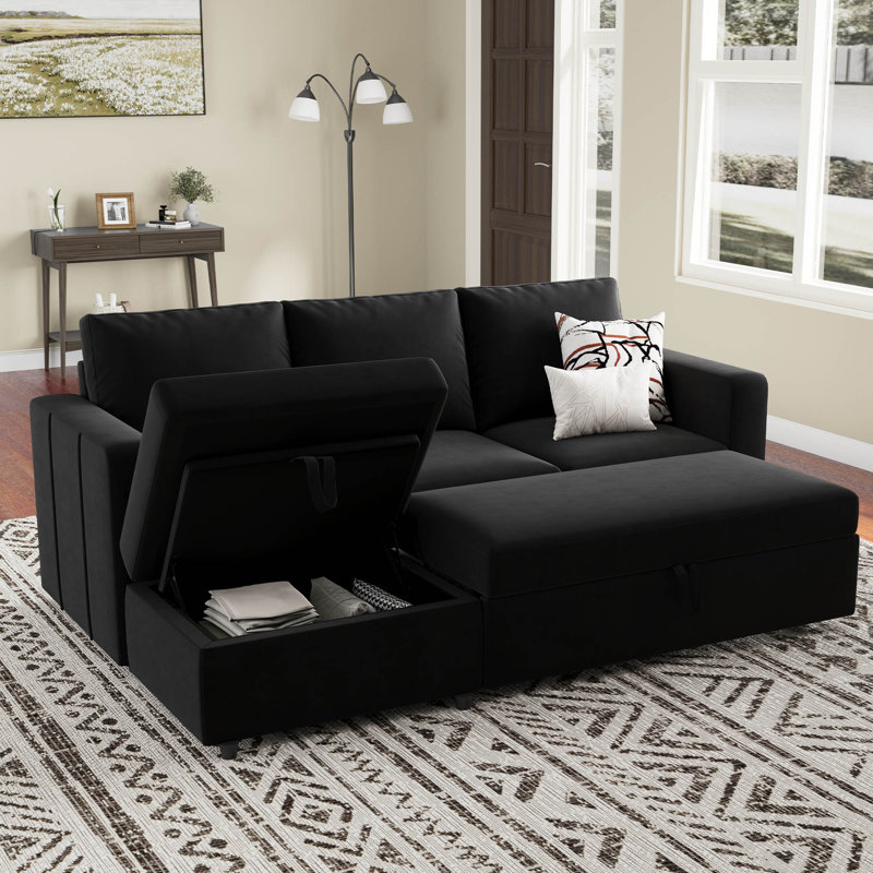 Rafael L-Shaped Modular Sleeper Sectional with Storage, Black Velvet