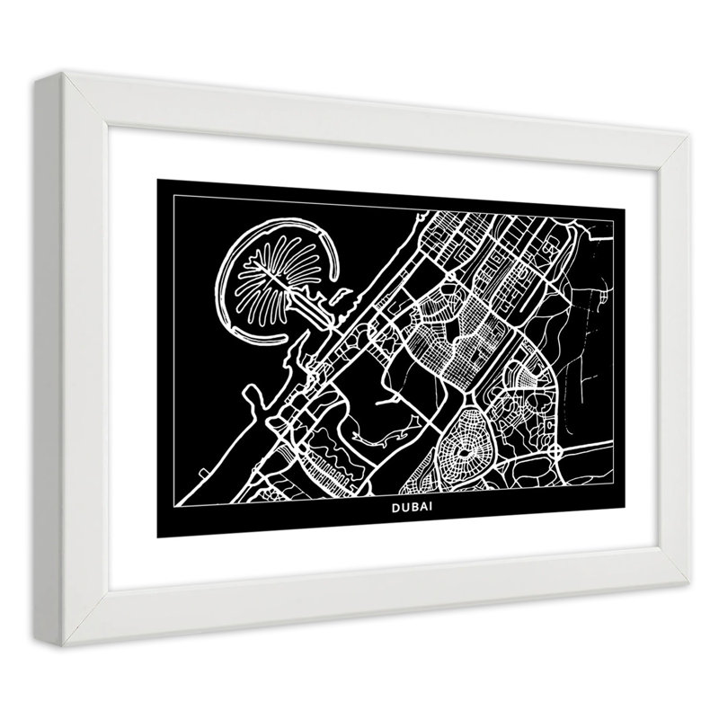 Dubai City Map - Single Picture Frame Print, 60cm H x 90cm W, White