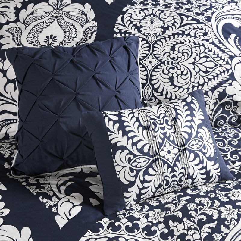 Indigo and White King Cotton Damask Comforter Set