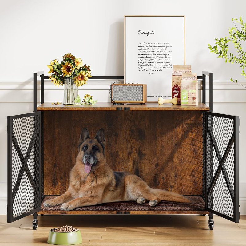 Cage pour chien pour chien, cage en bois pour chenils d'intérieur avec roues verrouillables, Noir/chêne