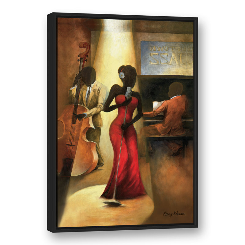 Chanteuse de jazz en rouge sur toile, H 37,75 po x l 25,75 po x P 1,75 po, Cadre flottant noir