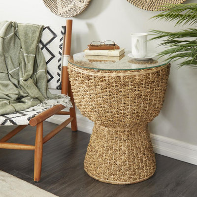 Table d'appoint avec plateau en verre tissé à la main Brown Seagrass