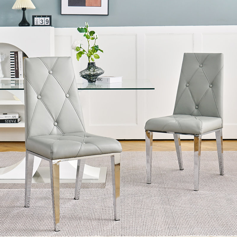 Bryttney 19.5'' H Tufted Faux Leather Upholstered Metal Side Chair, Chrome, Gray