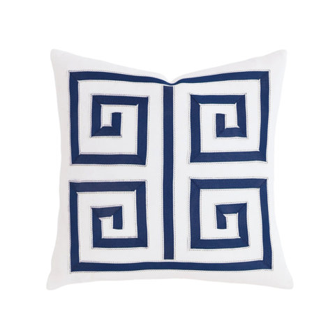 White square throw pillow featuring a navy blue embroidered Greek key pattern in a symmetrical four-quadrant design.