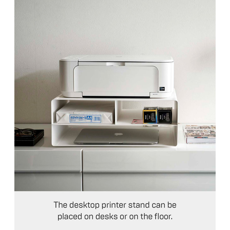 Yamazaki Modern White Steel Desktop Printer Stand with Wheels