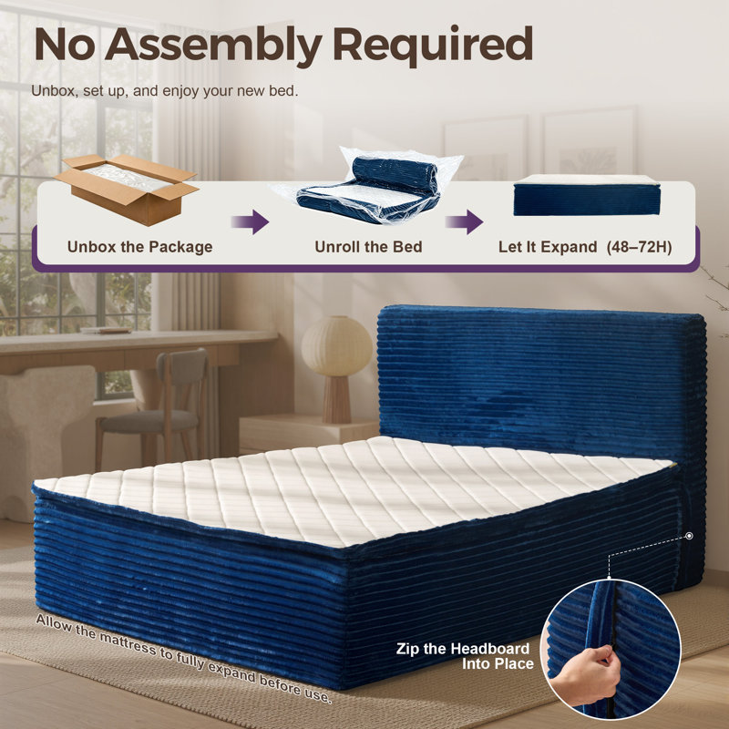 Full 16" Extra-Thick Memory Foam Mattress with Headboard, All-in-One Bed, No Assembly Platform Bed, Medium Firm, No Box Spring Needed