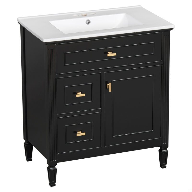 Meuble-lavabo avec lavabo, meuble-lavabo avec un tiroir rabattable et deux tiroirs, tablette réglable Damos, Noir