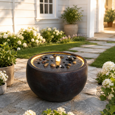Modern Outdoor Bowl Fountain with Ripple Top, Resin Water Feature with Cobblestone and Led Light