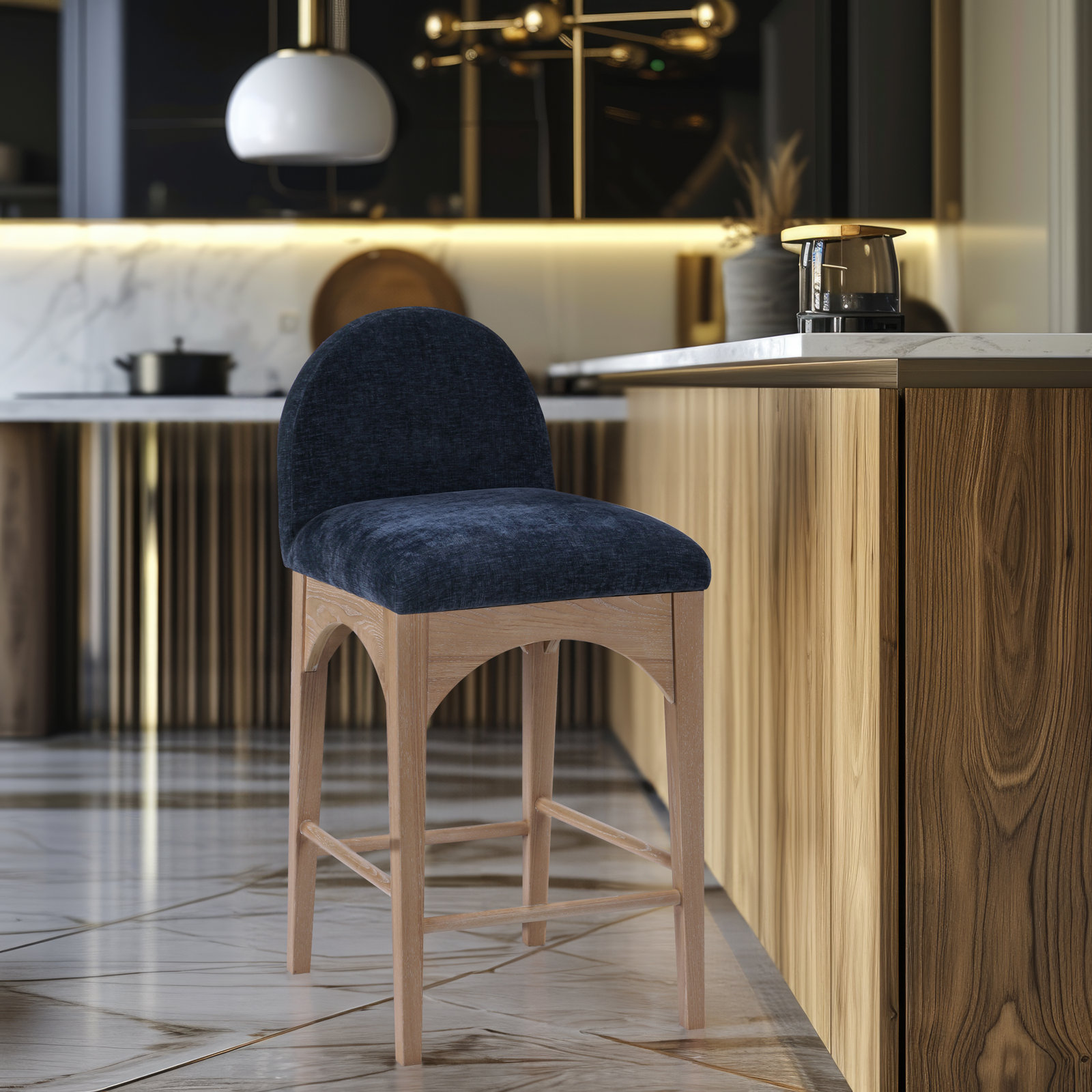 Waldorf 27" Bar Stool, Natural, Navy Chenille