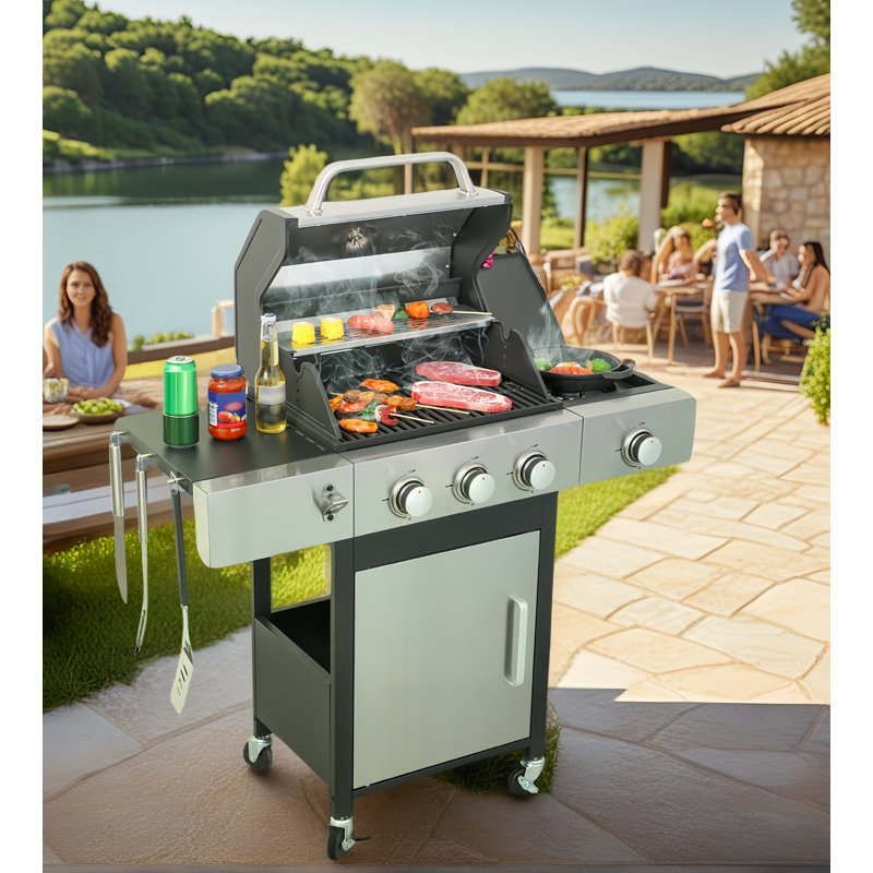 Barbecue portatif au gaz propane à 3 brûleurs avec grilles de cuisson en émail, brûleur latéral et panier suspendu