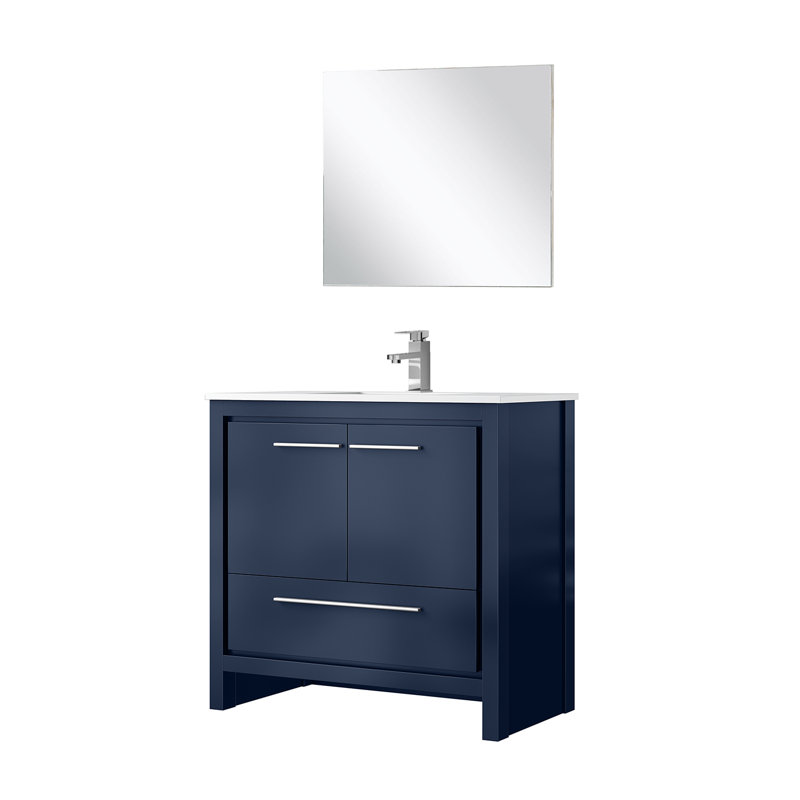 Lafarre 36 in W x 20 in D Single Bath Vanity, 28 in Mirror and Gun Metal Faucet Set, Navy Blue, White Quartz