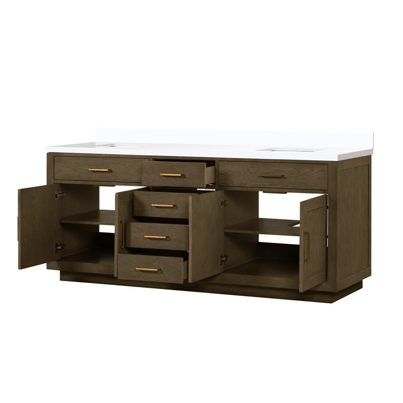 Meuble-lavabo double en chêne gris 84 po L 22 po P avec surface en quartz blanc - structure en bois massif, caractéristiques de fermeture en douceur, rangement de salle de bain entièrement assemblé avec dessus en bois de 84 po et 22 po, unité