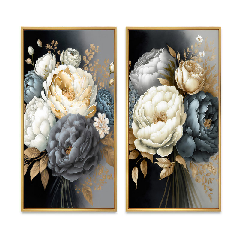 Bouquet de pivoines blanches, bleues et grises - ensemble de 2 pièces, Encadrement doré, H 20 po x l 24 po