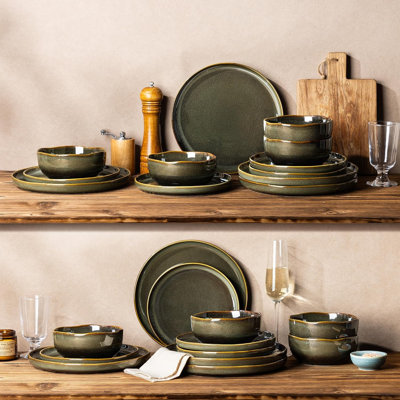 Services de vaisselle en céramique pour assiettes et bols en porcelaine légers de 4, 12 pièces, ensemble de vaisselle résistant aux égratignures, va au micro-ondes et au lave-vaisselle, mousse olive