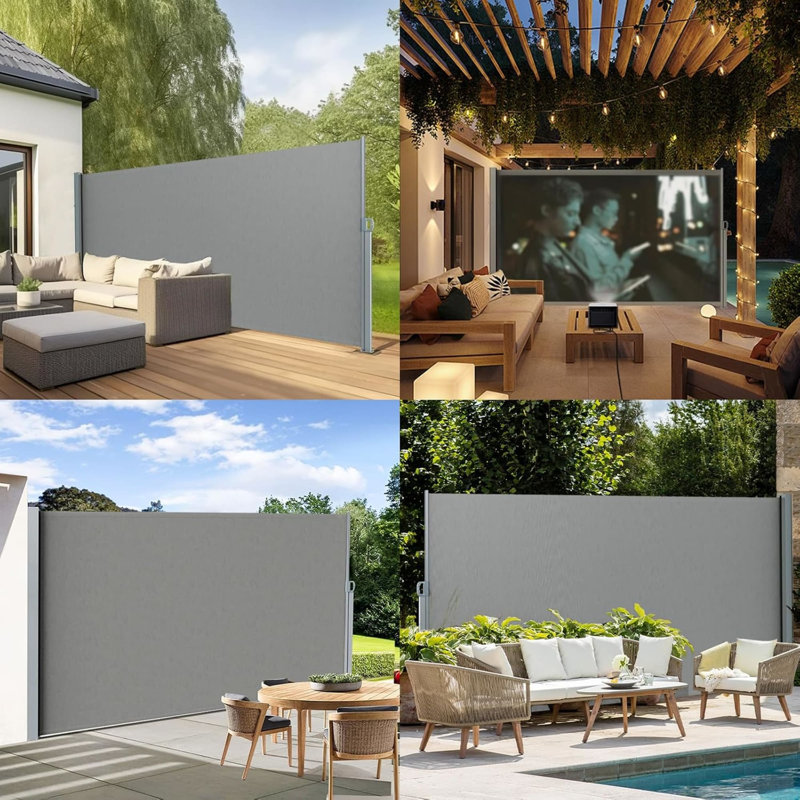 Retractable Outdoor Privacy Screen with Aluminum Frame and Waterproof Polyester Fabric, 70.87" H x 236.22" W x 0" D