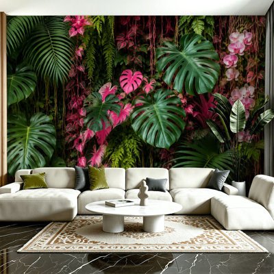 Papier peint à peler et coller feuilles vertes plantes tropicales roses feuilles de Monstera roses feuilles de papier peint Monstera vertes H 100 po x l 144 po papier mural amovible en PVC auto-adhésif pour le salon de la chambre bureau à domicile