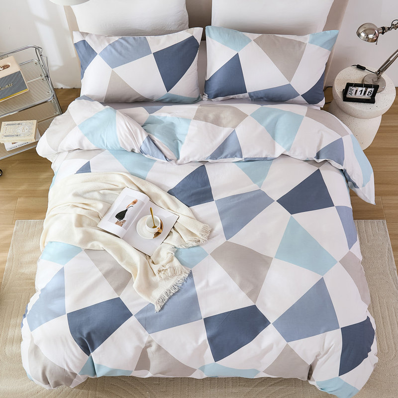 Ensemble de housse de couette 100% coton pour très grand lit - Ensemble de literie triangulaire bleu gris nordique 3 pièces, housse d'édredon légère et douce avec fermeture à glissière, ensemble de lit contemporain neutre abstrait