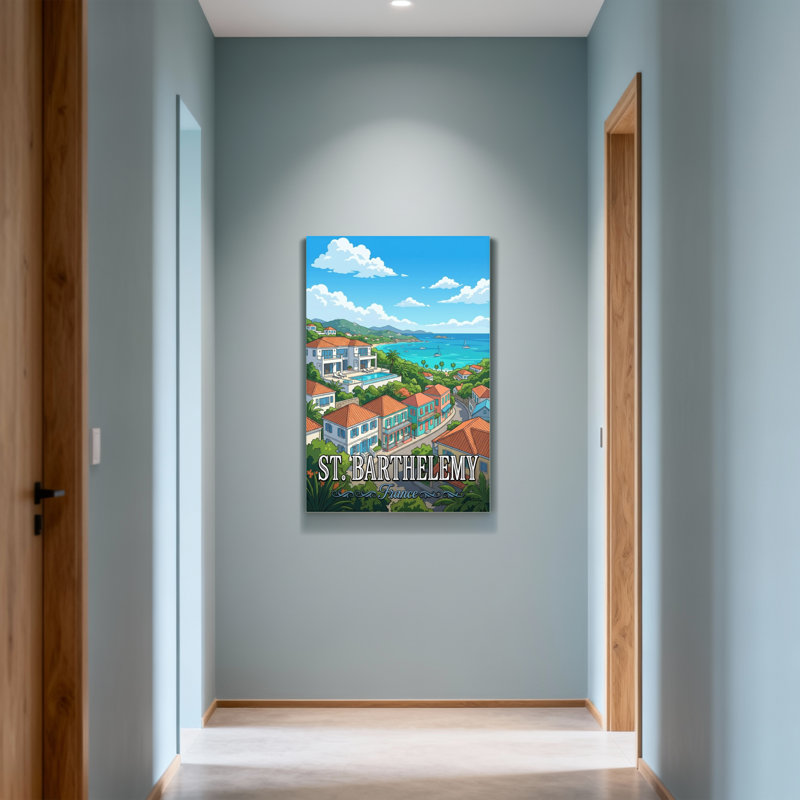 Scène de ville côtière tropicale à St Barthelemy, H 40 po x l 28 po
