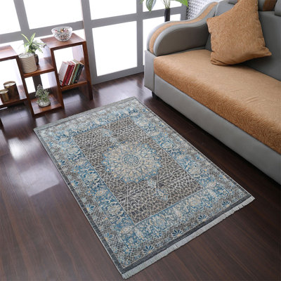 Beier Machine Made Polyester Area Rugs - Black Gray Color, Oriental Design, Low Pile Machine Made Area Rugs for Living Room, Bed Room