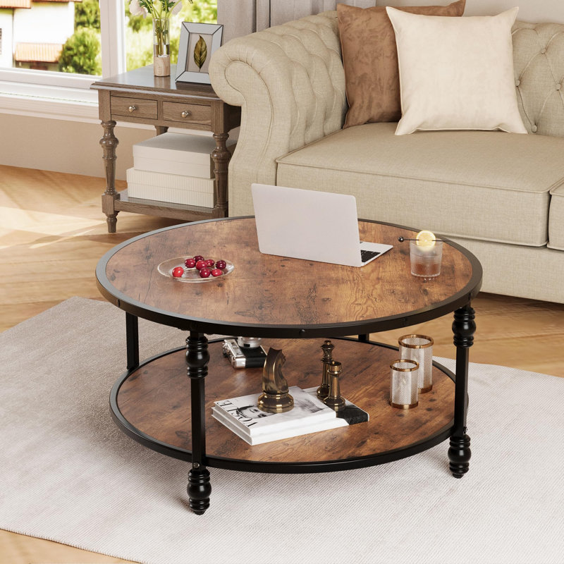 Table basse ronde pour le salon Table de centre rustique avec tablette de rangement Table basse circulaire en bois avec pieds robustes en métal