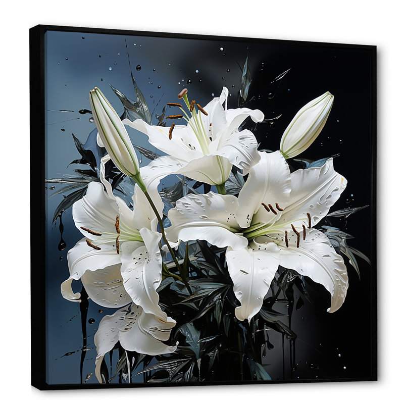 Breloque lis blanc et bleu I, Cadre flottant noir, H 16 po x l 16 po x P 1 po