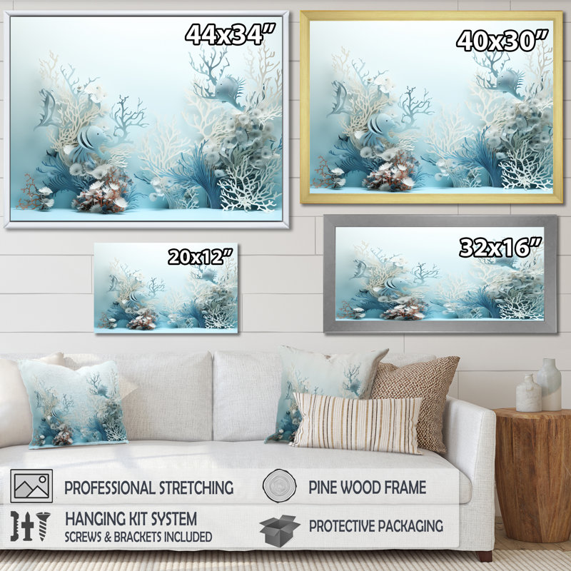 «Blue and White Sea Dragons Dance Collage I», reproduction sur toile, H 12 po x l 20 po x P 1 po, Cadre photo blanc