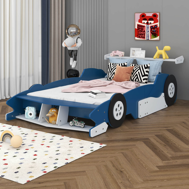 Unfinished Race Car-Shaped Platform Bed with Wheels, Full, Blue