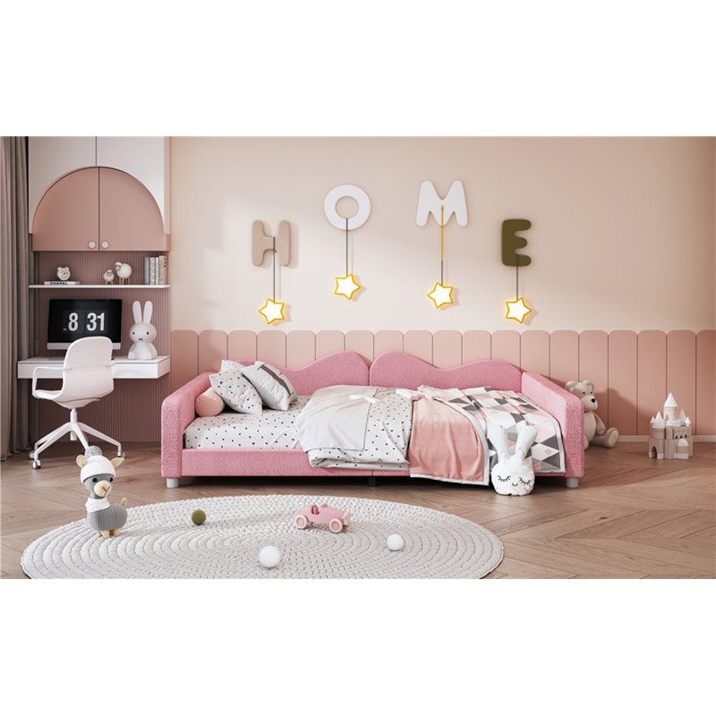 Lit de jour double rembourré en tissu sherpa avec dossier en forme de nuage, sans sommier tapissier, Rose, Complet/Double
