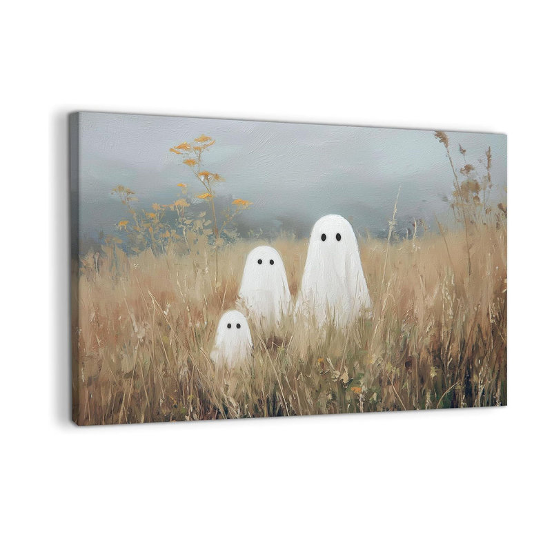 Fall Halloween Wall Art, Halloween Ghost Pictures Wall Decor, Whimsical Ghost Painting Painting Figures In Misty Autumn Field, Modern Gothic Pictures for Living Room Entryway, 20×30 inches