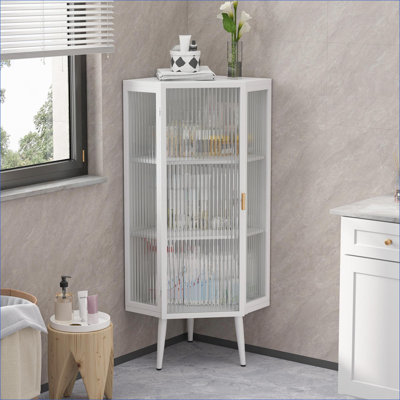 Armoires | Armoire de rangement de coin à 3 niveaux 22,25 po, portes en verre trempé, structure en métal blanc, tablettes de rangement | Contemporain | Salle de bain