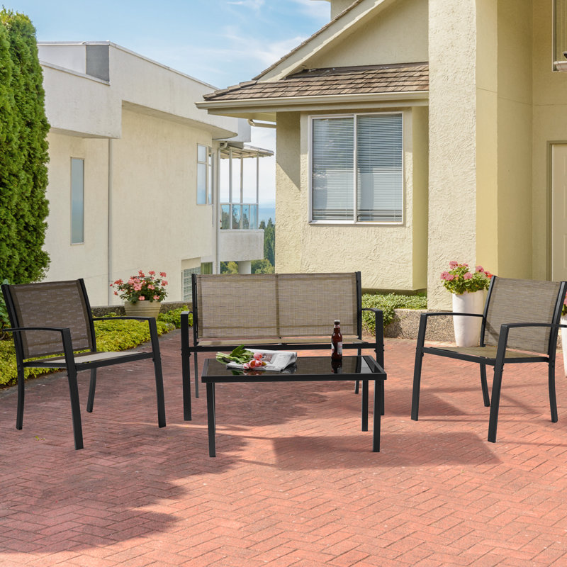 4 Pcs All-Weather Patio Furniture, Modern PVC-Coated Polyester Bistro Sets Poolside Lawn Balcony Chairs With Loveseat And Glass Coffee Table