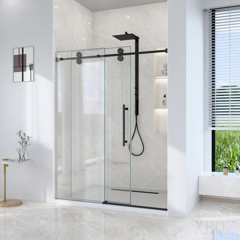 Porte de douche coulissante simple sans cadre de 56 à 60 po x H 72 po - verre trempé transparent de 5/16 po (8 mm), conception de dérivation avec finition noir mat