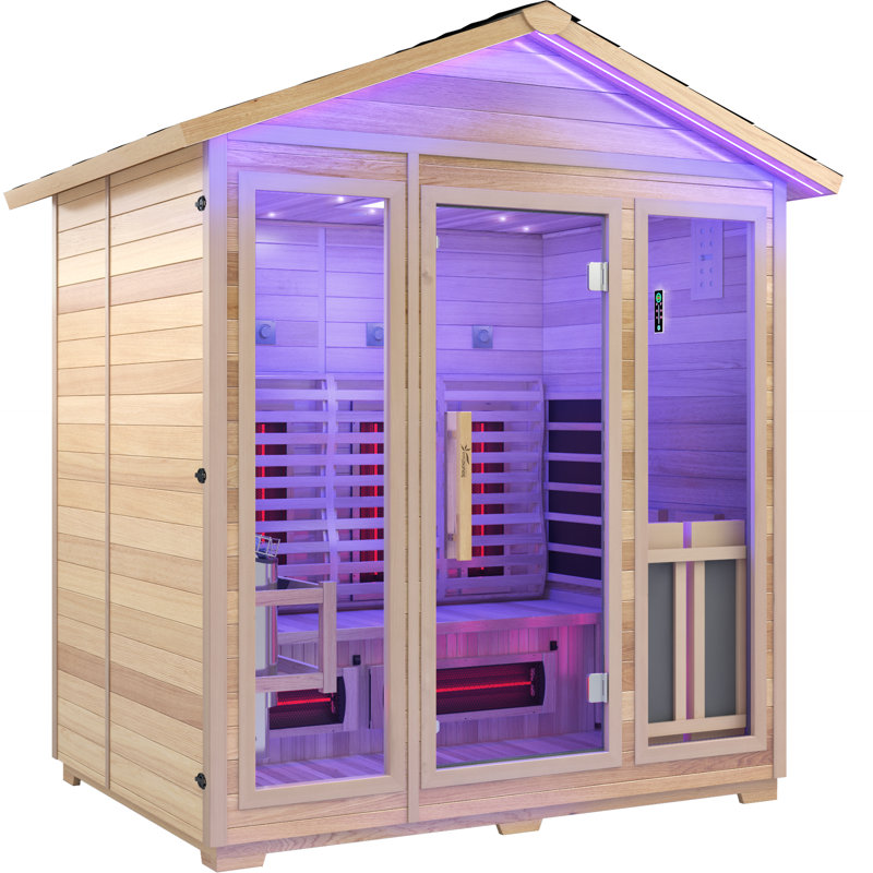 3-4 Person Outdoor Red Cedar And Hemlock Cabin Sauna With Far Infrared, 6Kw TOULE Rock Heater, And Touch Pad Controller