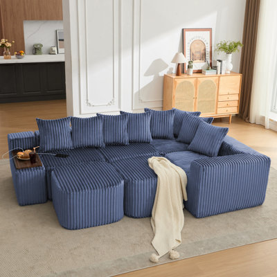 [Nouveauté] [Vidéo fournie] Canapé en U de 137,5 po, charge USB et sans fil, table basse avec porte-gobelet, canapé modulaire surdimensionné mobile, repose-pieds mobile, sans siège, 6 sièges, velours côtelé