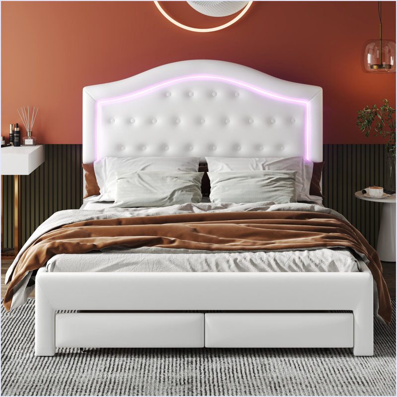 Lit plateforme tapissier avec tête de lit capitonnée, DEL et 2 tiroirs, Blanc, Grand lit