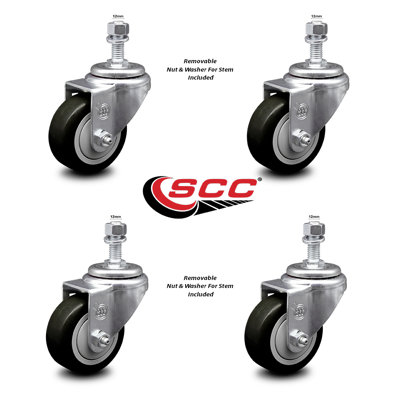 3.5 Inch_ Polyurethane Wheel Swivel 12mm Threaded Stem Caster Set SCC