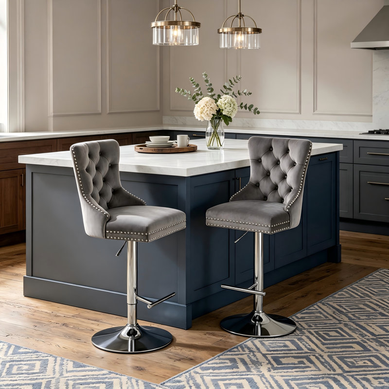 Ensemble de 2 tabourets de bar touffetés à hauteur ajustable avec base chromée, Velours, Gris, Argent