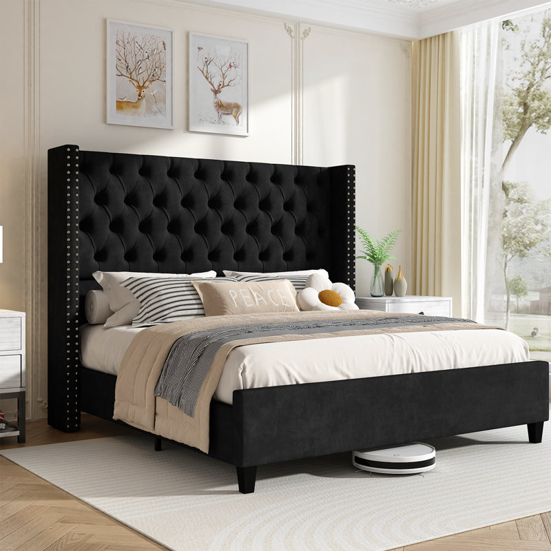 King Black Velvet Upholstered Bed with Tufted Wingback Headboard