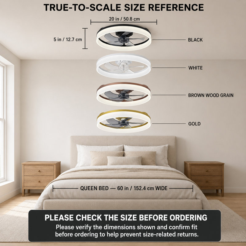 Ventilateur de plafond encastré noir de 20 po avec éclairage, profil bas, application et télécommande, moteur à courant continu silencieux à 6 vitesses, DEL à intensité variable pour la chambre à coucher