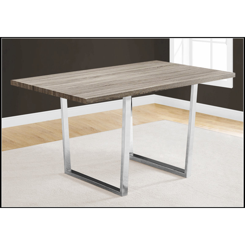 Élégante table de salle à manger rectangulaire en stratifié brun avec base en métal chromé pour les cuisines et les salles à manger modernes