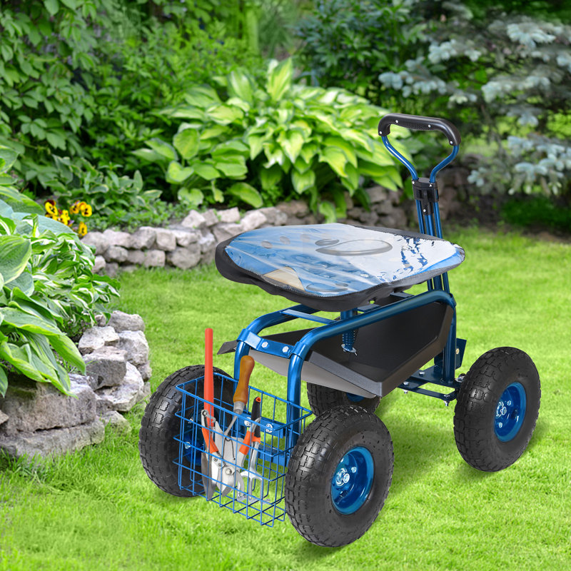 Blue Steel Rolling Garden Work Seat with Swivel and Storage
